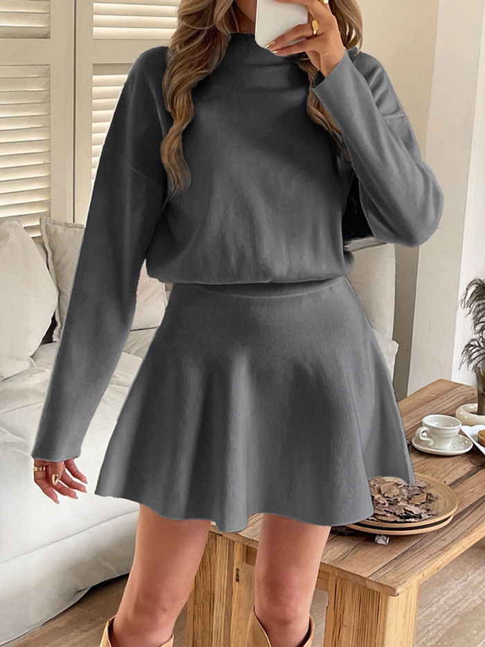 Solid Color Elasticity Long Sleeves High Waisted Round-neck Sweater Dresses Mini Dresses