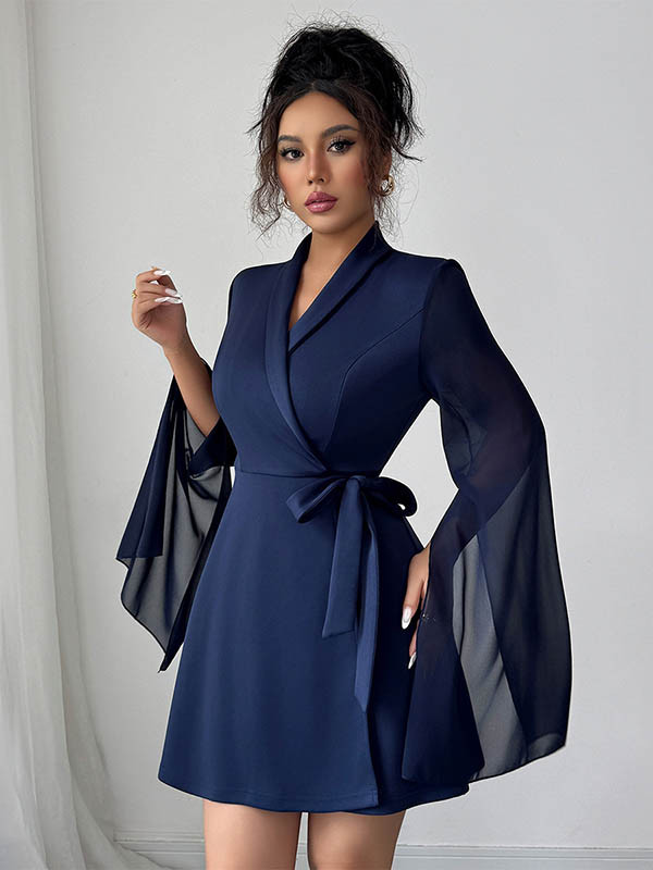 Tied Waist Split-Side Split-Joint Solid Color See-Through Interlace Long Sleeves High Waisted V-Neck Mini Dresses