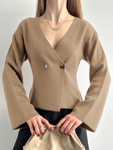 Solid Color Buttoned Long Sleeves V-neck Cardigan Tops
