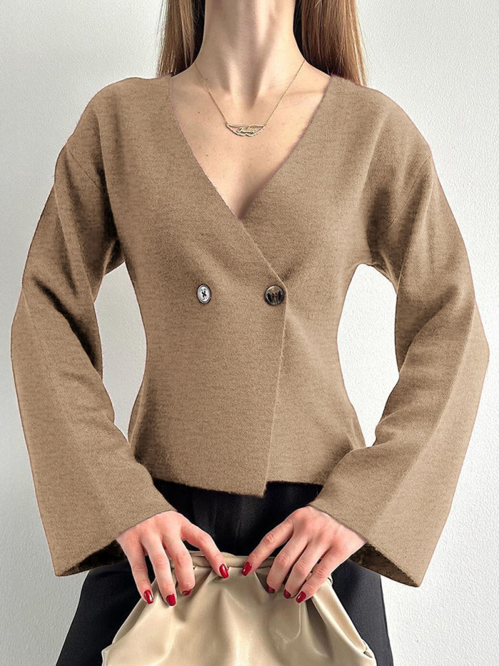 Solid Color Buttoned Long Sleeves V-neck Cardigan Tops