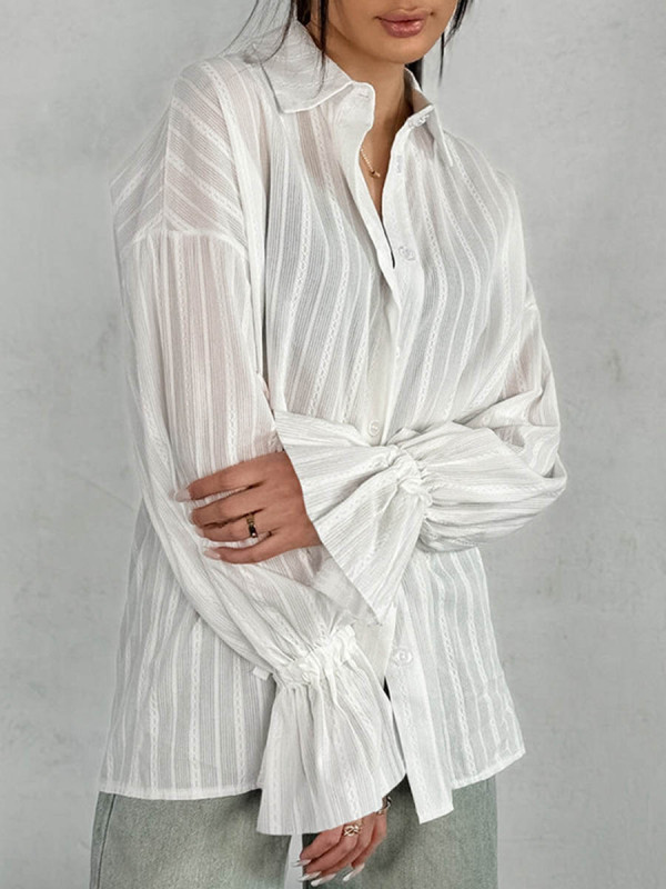 Striped Split-Joint Solid Color Buttoned Puff Sleeves Loose Lapel Blouses&Shirts Tops