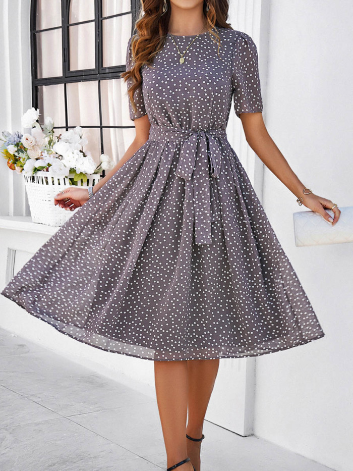 Tied Waist Split-Joint Polka Dot Contrast Color Short Sleeves High Waisted Round-Neck Midi Dresses