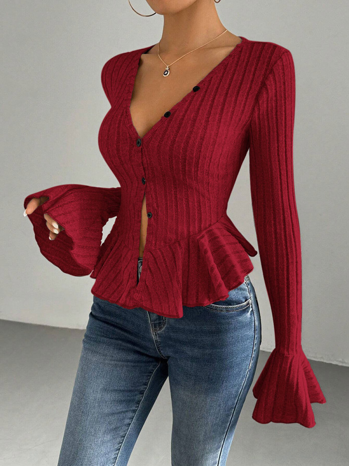 Split-Joint Solid Color Ruffled Buttoned Long Sleeves Flared Sleeves Deep V-Neck T-Shirts Tops