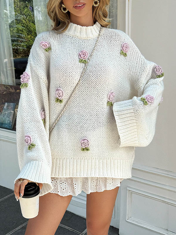 Three-Dimensional Flower Split-Joint Contrast Color Loose Long Sleeves Mock Neck Sweater Tops Pullovers