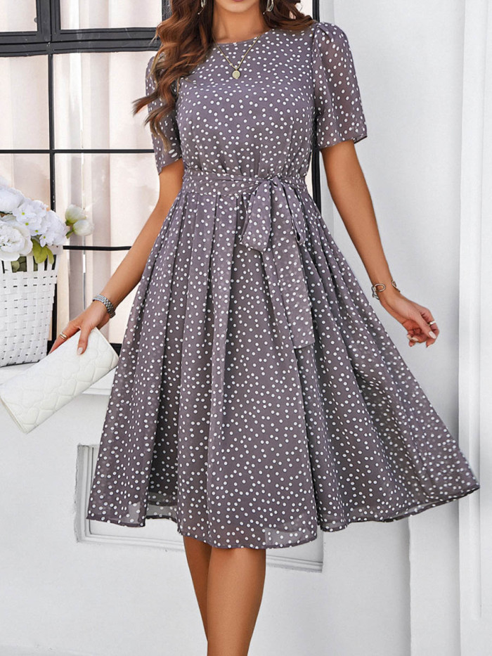 Tied Waist Split-Joint Polka Dot Contrast Color Short Sleeves High Waisted Round-Neck Midi Dresses