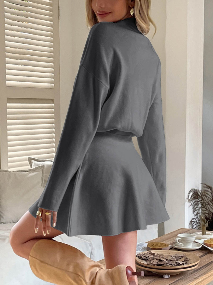 Solid Color Elasticity Long Sleeves High Waisted Round-neck Sweater Dresses Mini Dresses