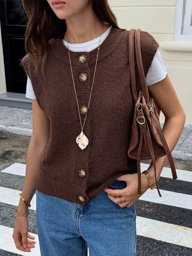Split-Joint Contrast Color Buttoned Sleeveless Loose Round-Neck Vest Top Outerwear