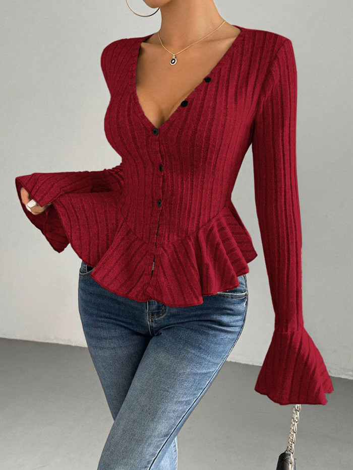 Split-Joint Solid Color Ruffled Buttoned Long Sleeves Flared Sleeves Deep V-Neck T-Shirts Tops
