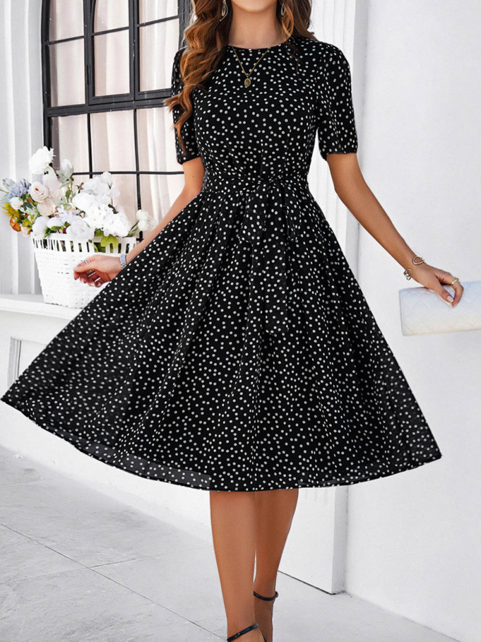 Tied Waist Split-Joint Polka Dot Contrast Color Short Sleeves High Waisted Round-Neck Midi Dresses