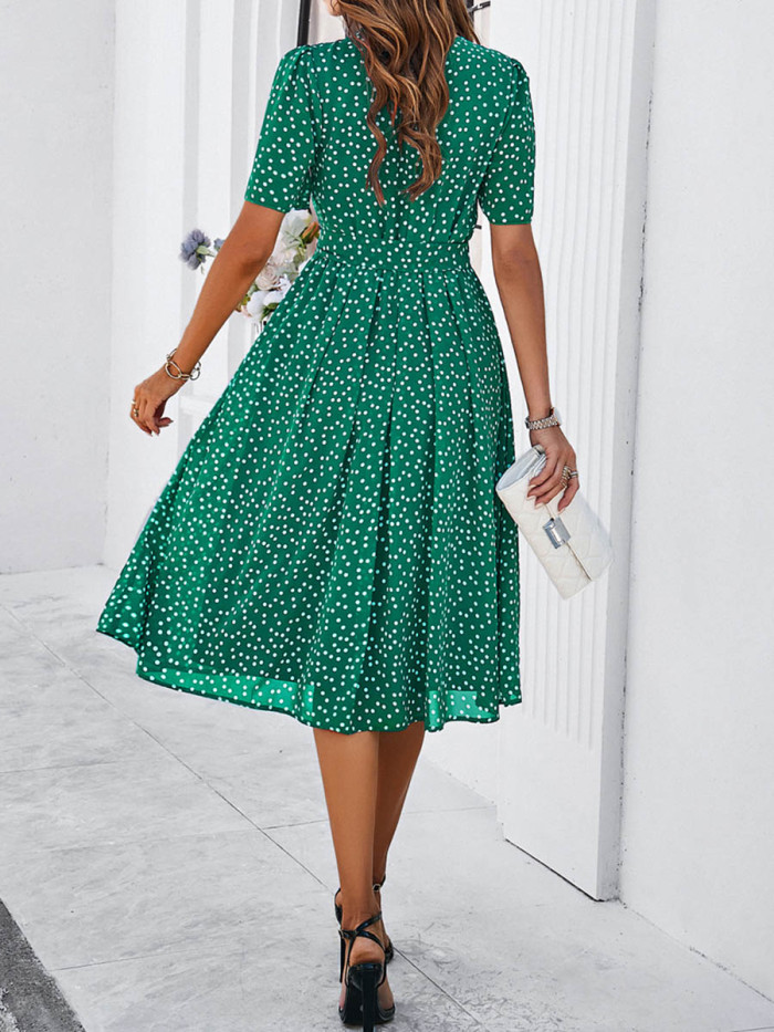 Tied Waist Split-Joint Polka Dot Contrast Color Short Sleeves High Waisted Round-Neck Midi Dresses
