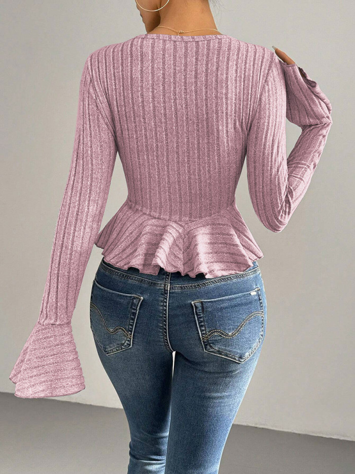 Split-Joint Solid Color Ruffled Buttoned Long Sleeves Flared Sleeves Deep V-Neck T-Shirts Tops