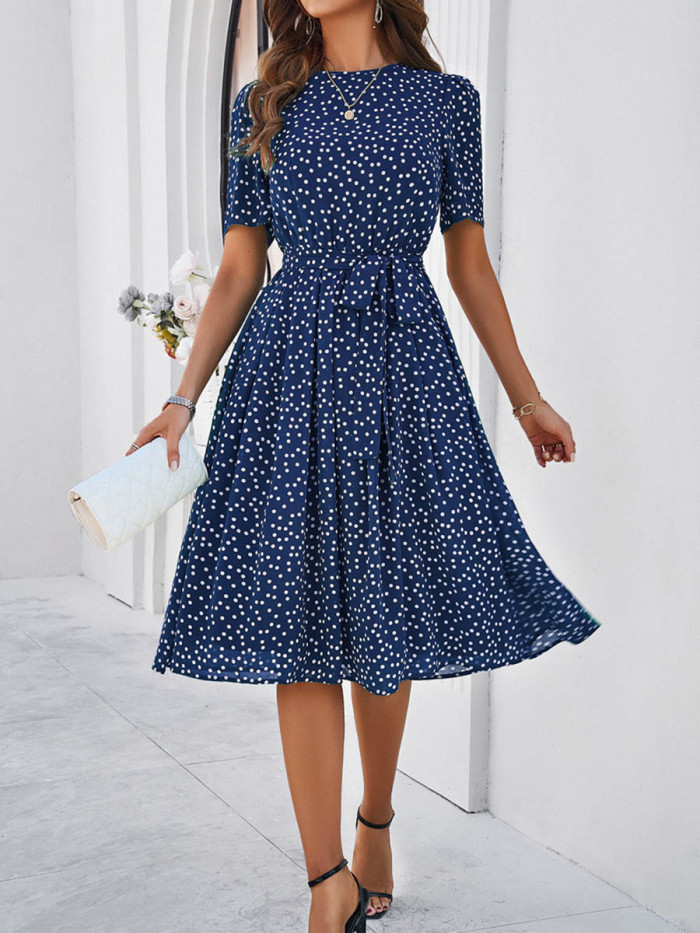 Tied Waist Split-Joint Polka Dot Contrast Color Short Sleeves High Waisted Round-Neck Midi Dresses