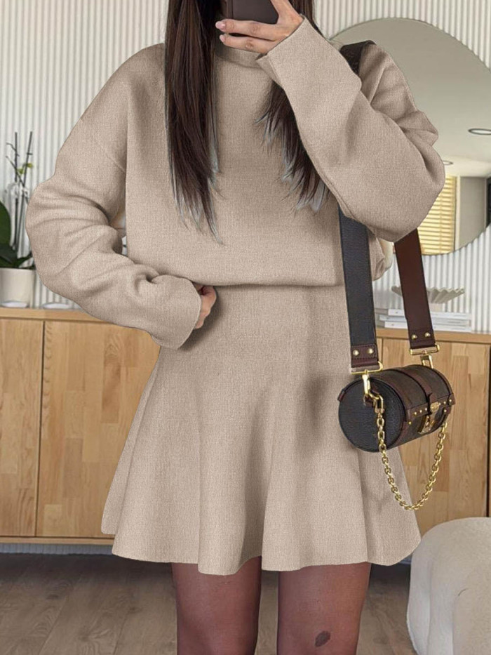 Solid Color Elasticity Long Sleeves High Waisted Round-neck Sweater Dresses Mini Dresses