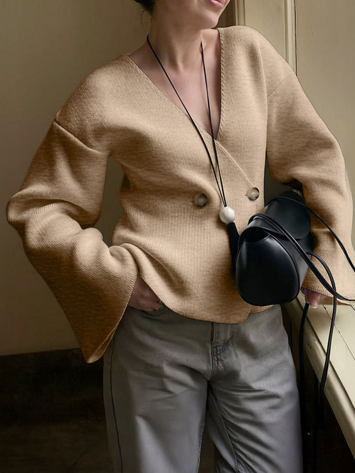 Solid Color Buttoned Long Sleeves V-neck Cardigan Tops