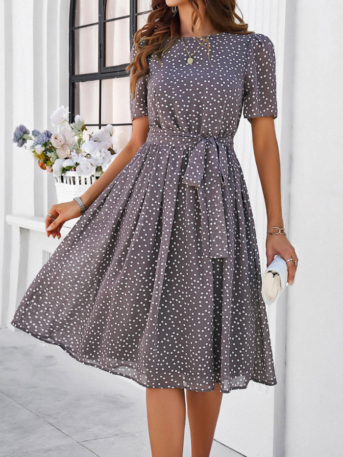 Tied Waist Split-Joint Polka Dot Contrast Color Short Sleeves High Waisted Round-Neck Midi Dresses