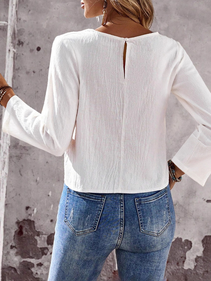 Split-Front Solid Color Buttoned Long Sleeves Round-Neck T-Shirts Tops