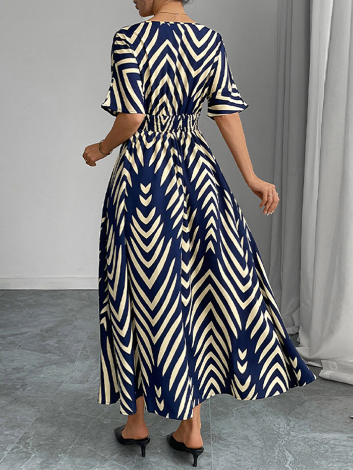 Split-Joint Printed Geometric Contrast Color Short Sleeves Loose V-Neck Maxi Dresses