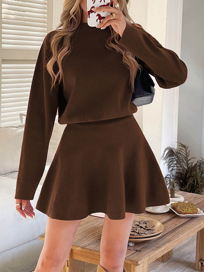 Solid Color Elasticity Long Sleeves High Waisted Round-neck Sweater Dresses Mini Dresses