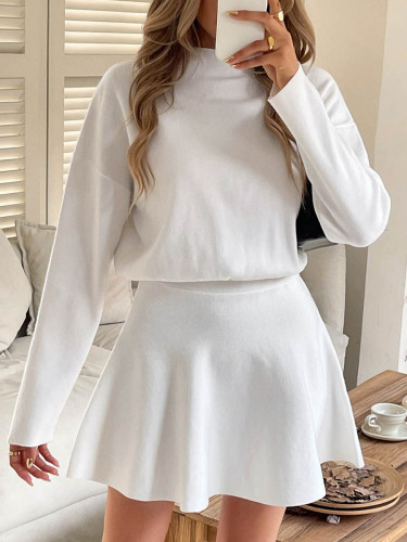 Solid Color Elasticity Long Sleeves High Waisted Round-neck Sweater Dresses Mini Dresses