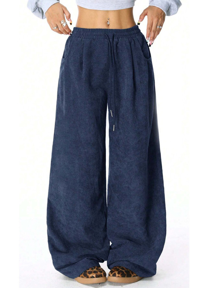 Solid Color Pockets Elasticity Drawstring Wide Leg High Waisted Trousers Pants