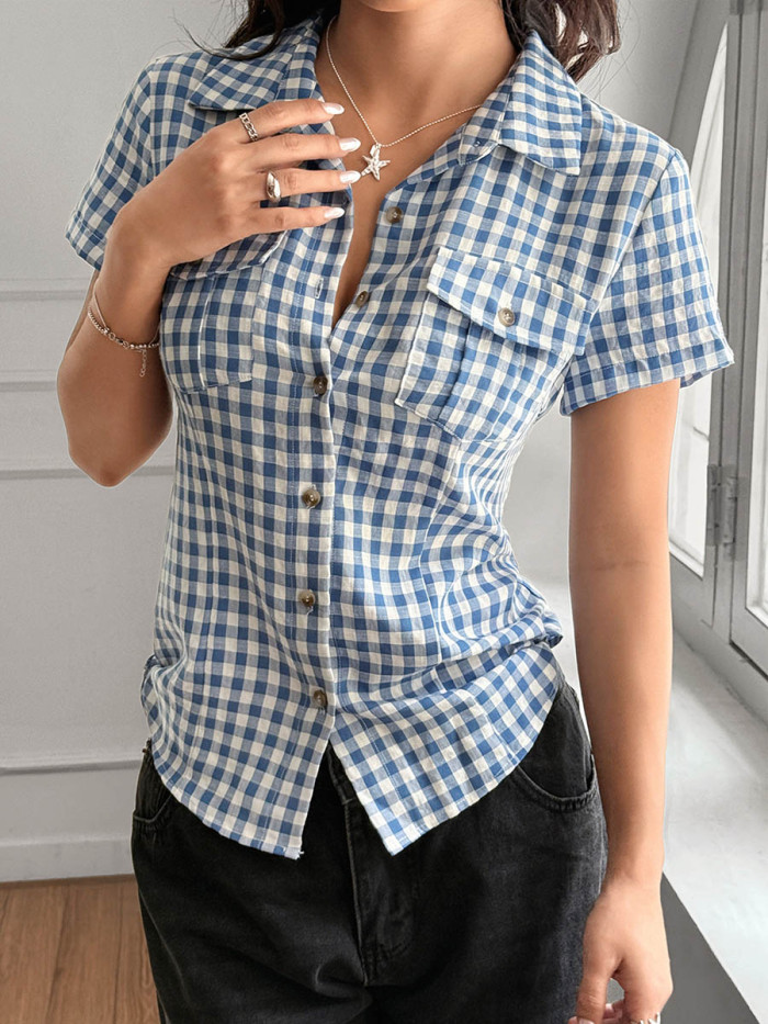 Split-Joint Plaid Contrast Color Buttoned Skinny Short Sleeves Lapel Blouses&Shirts Tops