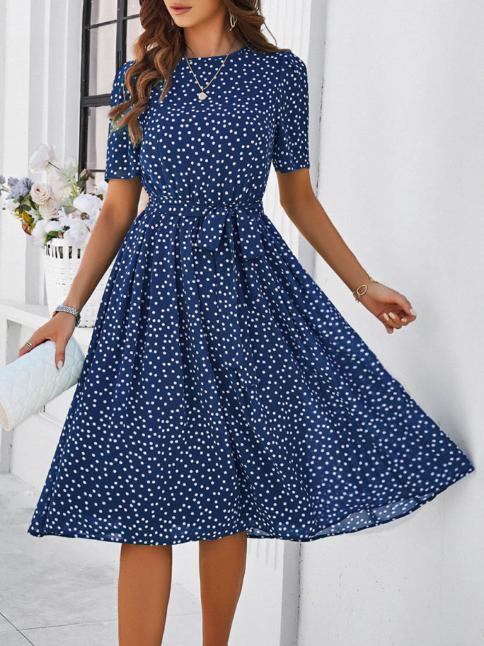 Tied Waist Split-Joint Polka Dot Contrast Color Short Sleeves High Waisted Round-Neck Midi Dresses