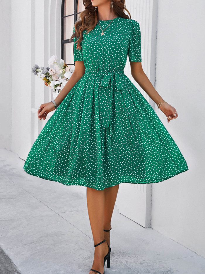 Tied Waist Split-Joint Polka Dot Contrast Color Short Sleeves High Waisted Round-Neck Midi Dresses