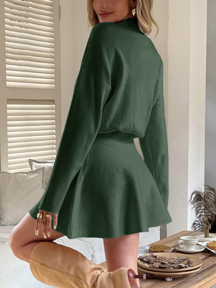 Solid Color Elasticity Long Sleeves High Waisted Round-neck Sweater Dresses Mini Dresses