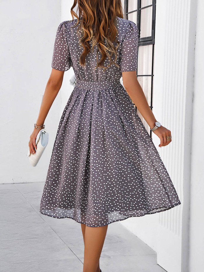 Tied Waist Split-Joint Polka Dot Contrast Color Short Sleeves High Waisted Round-Neck Midi Dresses
