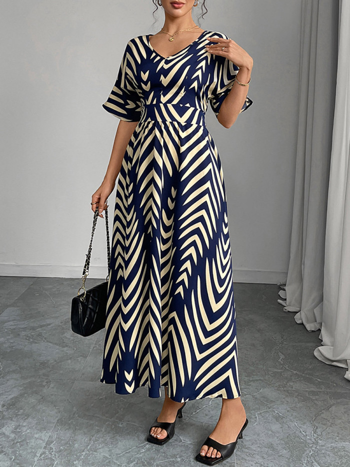 Split-Joint Printed Geometric Contrast Color Short Sleeves Loose V-Neck Maxi Dresses