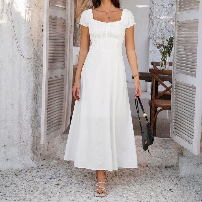 ✨ French Style Lace-up Pleated Puff Sleeve Elegant Dress ✨