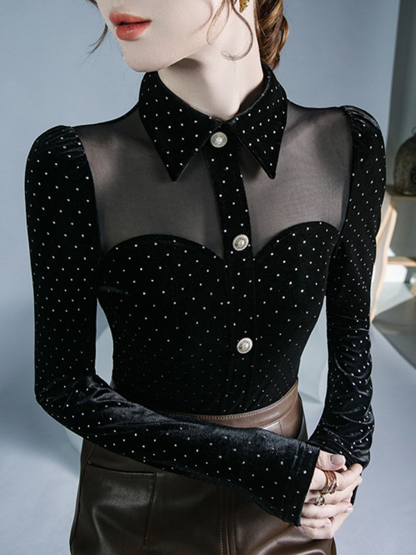 Split-Joint Polka Dot Buttoned Skinny Long Sleeves Lapel T-Shirts Tops