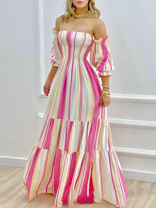 Split-Joint Pleated Contrast Color Puff Sleeves High Waisted Off-The-Shoulder Maxi Dresses