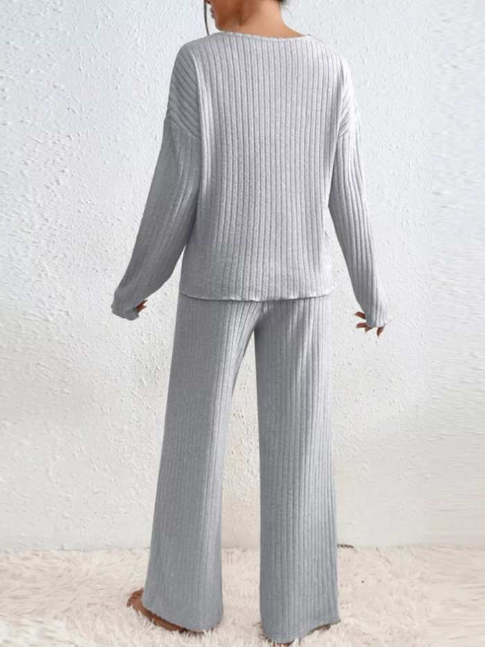 Ribbed Knit V-Neck Top and Pants Set