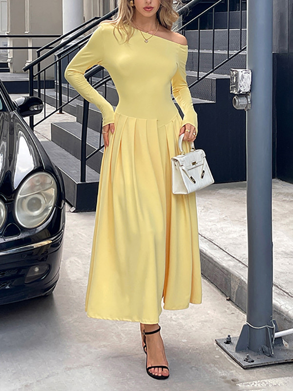 Split-Front Solid Color Pleated Long Sleeves High Waisted One-Shoulder Maxi Dresses