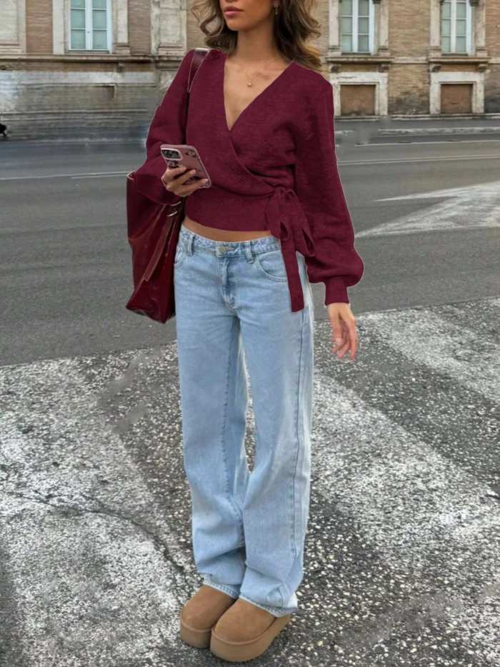 Tie Waist Surplice Sweater