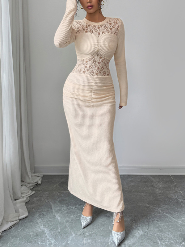 Zipper Split-Joint Split-Back Solid Color Pleated Lacy Hollow Long Sleeves Bodycon Round-Neck Maxi Dresses