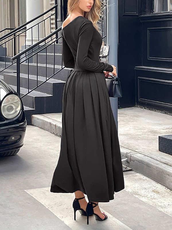 Split-Front Solid Color Pleated Long Sleeves High Waisted One-Shoulder Maxi Dresses