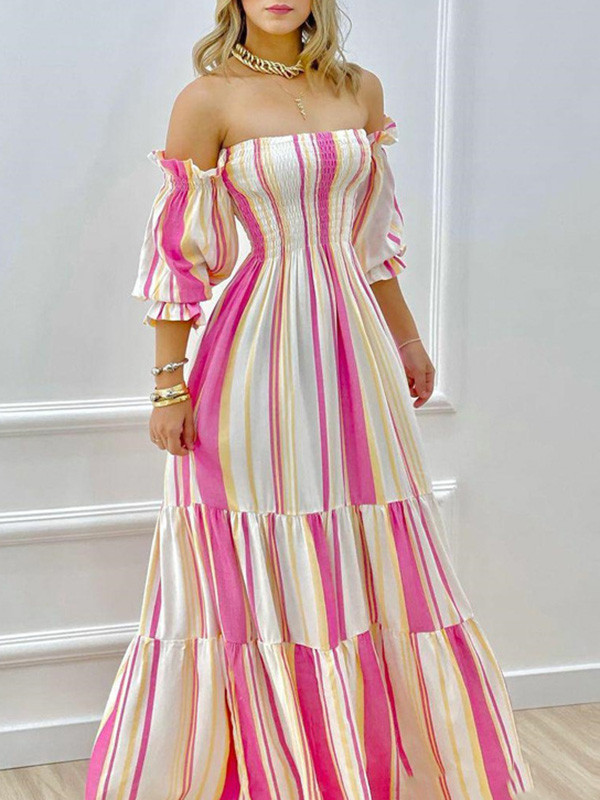 Split-Joint Pleated Contrast Color Puff Sleeves High Waisted Off-The-Shoulder Maxi Dresses