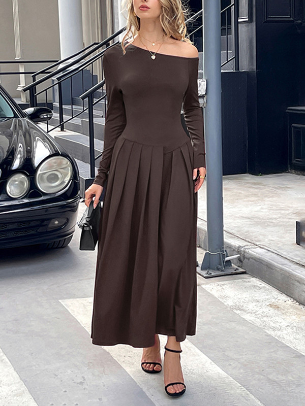 Split-Front Solid Color Pleated Long Sleeves High Waisted One-Shoulder Maxi Dresses
