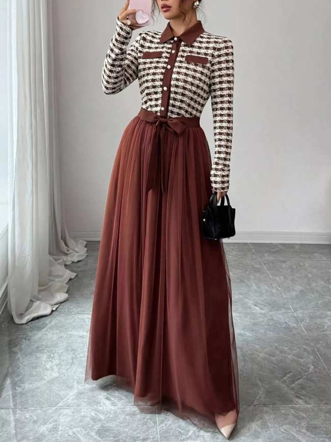 Plaid Long Sleeve Tulle Maxi Dress