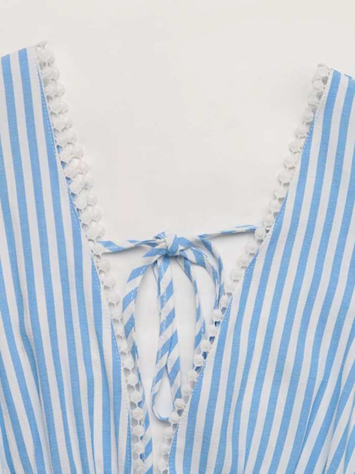 Striped Pom-Pom Trim Tie Front Sleeveless Mini Dress