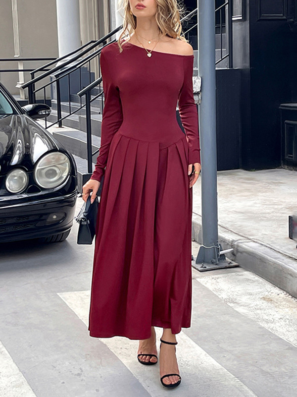 Split-Front Solid Color Pleated Long Sleeves High Waisted One-Shoulder Maxi Dresses