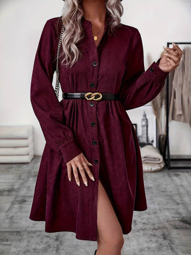 Split-Joint Solid Color Pleated Buttoned Belted Puff Sleeves Long Sleeves Stand Collar Shirt Dress Midi Dresses