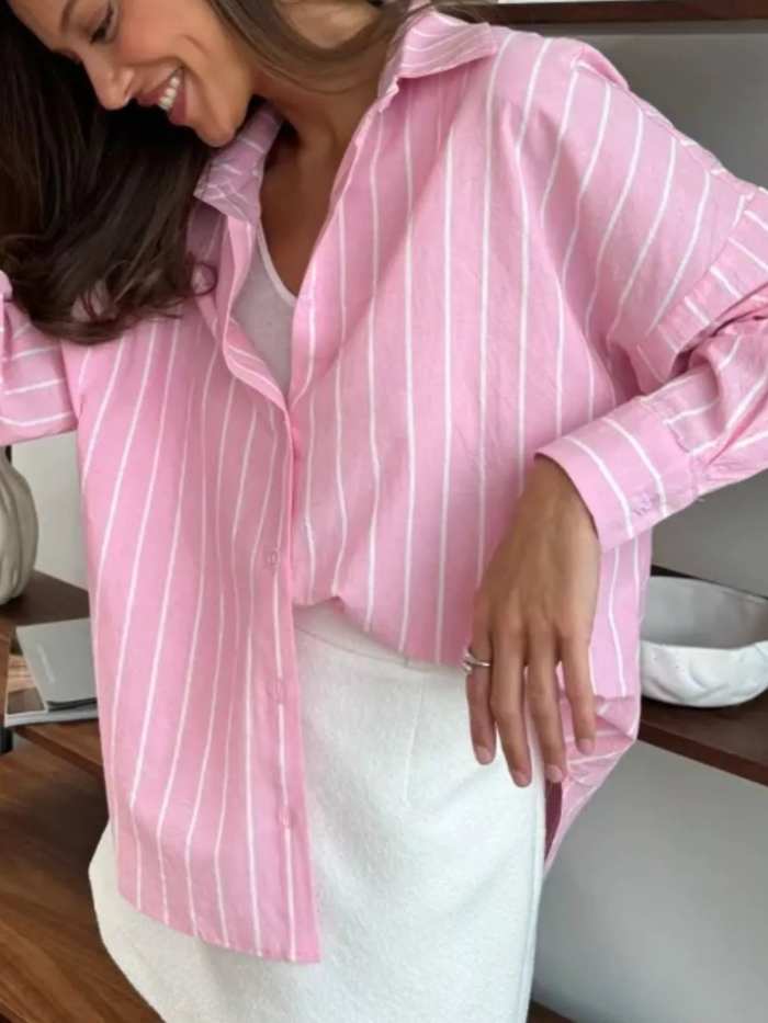 Button Down Striped Collared Neck Long Sleeve Shirt