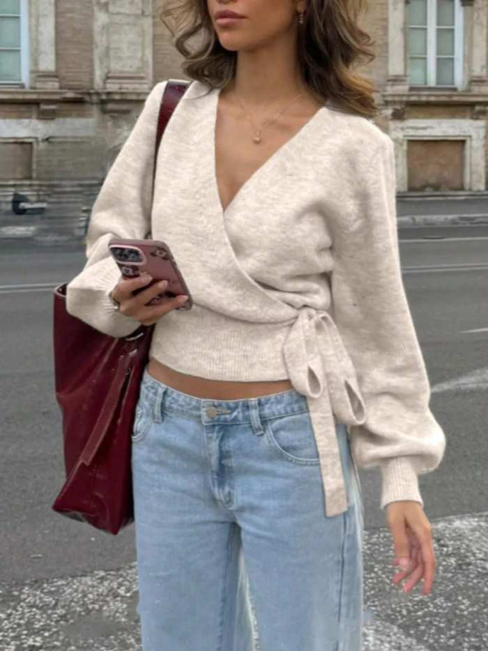 Tie Waist Surplice Sweater