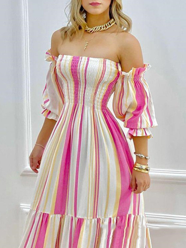 Split-Joint Pleated Contrast Color Puff Sleeves High Waisted Off-The-Shoulder Maxi Dresses