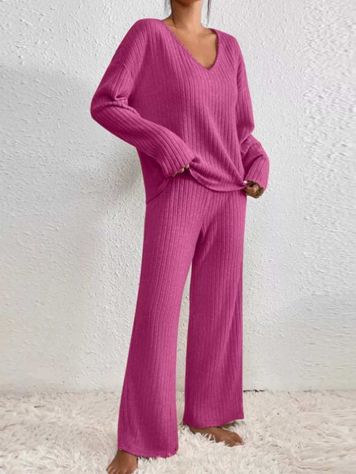 Ribbed Knit V-Neck Top and Pants Set