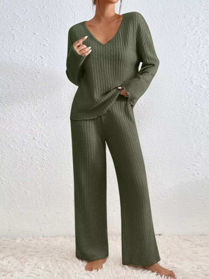Ribbed Knit V-Neck Top and Pants Set