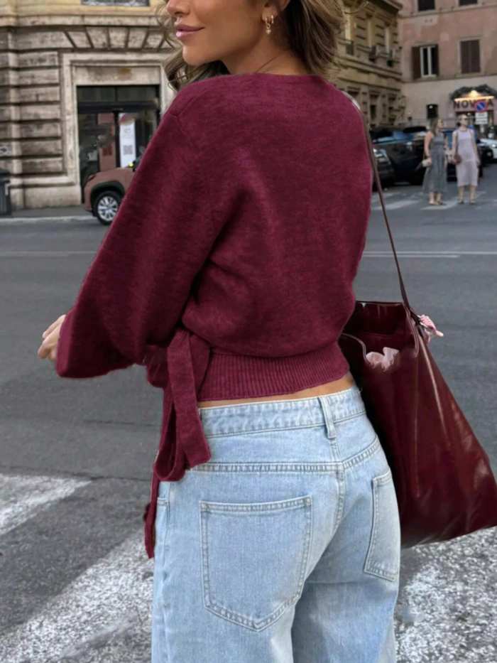 Tie Waist Surplice Sweater